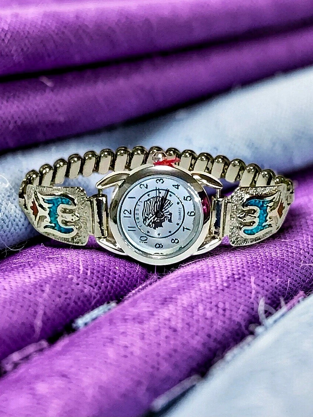 Ladies Silver Navajo Turquoise Coral Thunderbird Band Indian Liberty Watch (New)